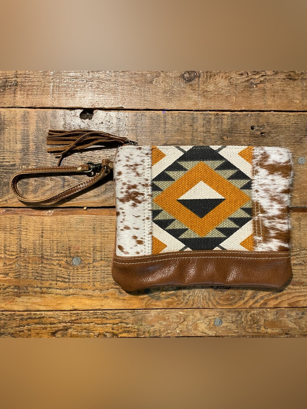 Myra Bag Brown Tan White Aztec Print Wristlet Clutch
